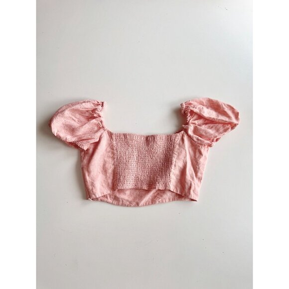 Aritzia WILFRED Wander Coral Linen Cropped Puff Sleeve Bustier Blouse, Size M - Picture 5 of 14